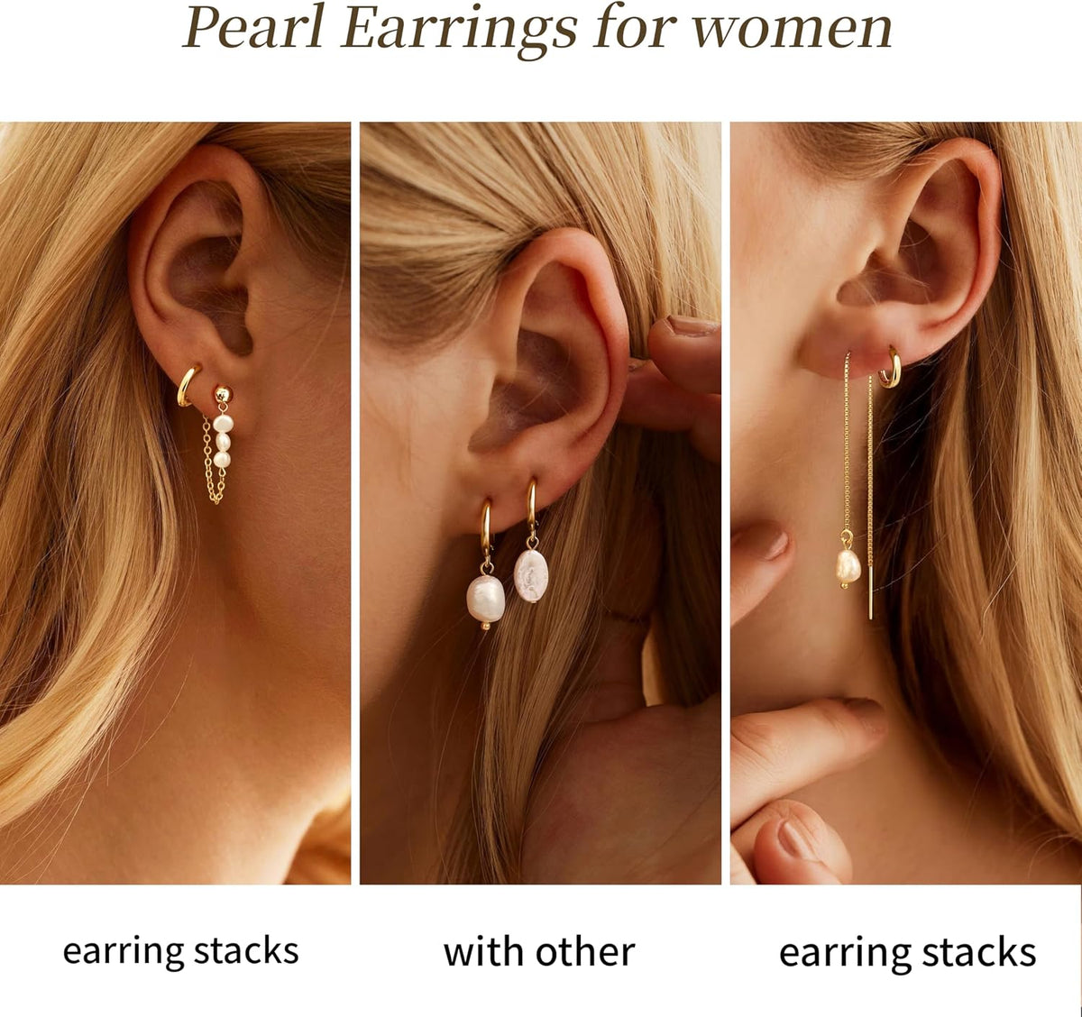 Moodear Gold Earrings for Women, 14K Plated Pearl Huggie Hoop Drop Jewelry