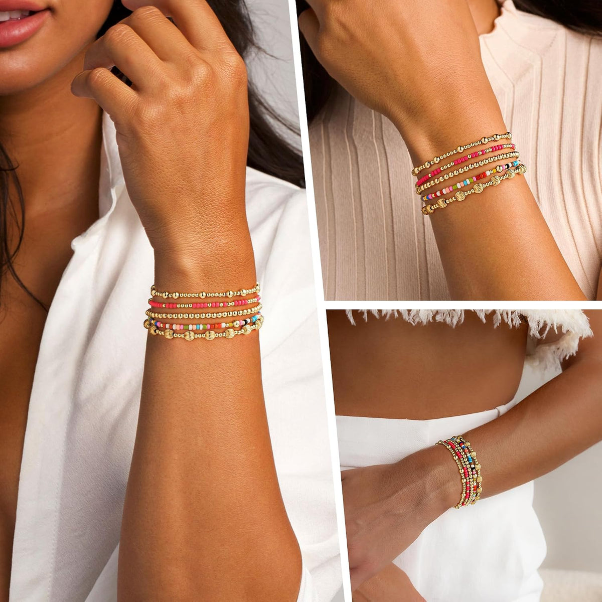 Turandoss 5PCS Gold Beaded Bracelets for Women Teen Girls, 14K Gold Plated