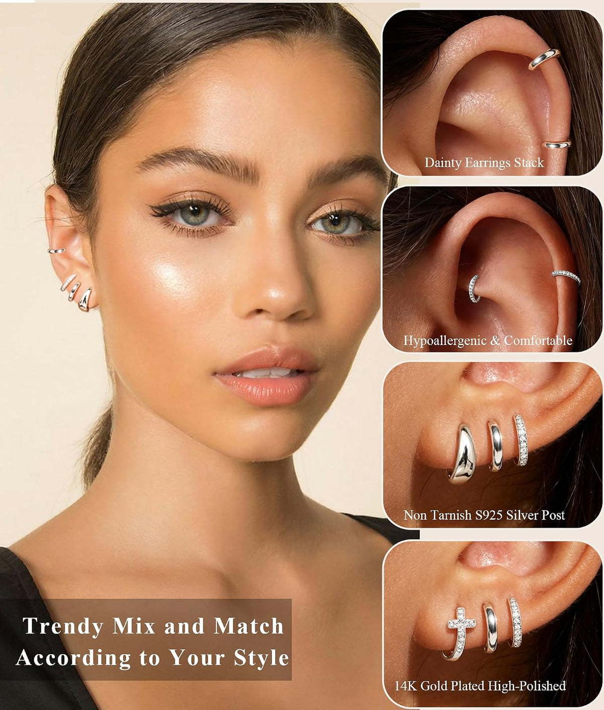 Jewelry for Her Gift 3 Pairs 925 Sterling Silver Earrings for Women Non Tarnish 14K Gold Plated Small Hypoallergenic Huggie Hoops Cartilage Stack Earring Sets for Multiple Piercing