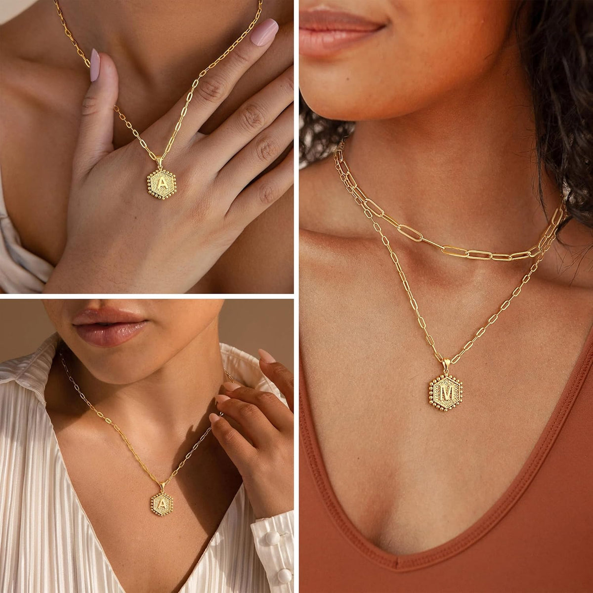M MOOHAM Dainty Initial Necklaces for Women, 14K-Gold-Plated Layering Necklace for Women Cute Hexagon Letter Initial Necklace Layered Necklaces for Womens Teen Girl Gifts