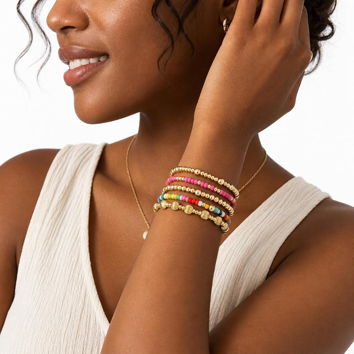 Turandoss 5PCS Gold Beaded Bracelets for Women Teen Girls, 14K Gold Plated