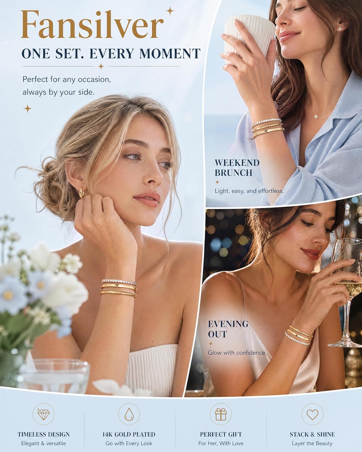 14K Gold Bracelets for Women Trendy Bangle Cuff Tennis Bracelets Set