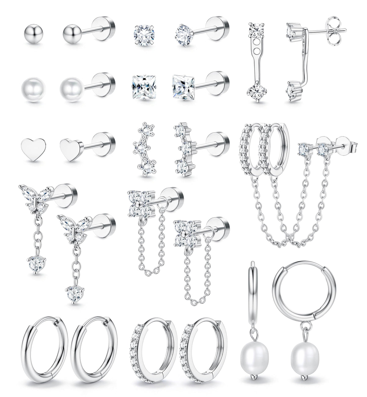 LOLIAS Hypoallergenic Flat Back Earrings Set for Women-Surgical Stainless Steel Earrings for Sensitive Ears-14K Gold Plated Chain Cartilage Earring Stacks Flatback Stud Hoop Earring Sets for Multiple Piercing Jewelry