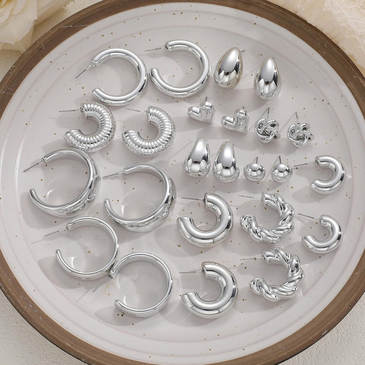 12 Pairs Chunky Silver Hoop Earrings for Women Trendy, Silver Plated Lightweight Thick Open Twisted Stack, Non Tarnish Huggie Hoops Earring Set