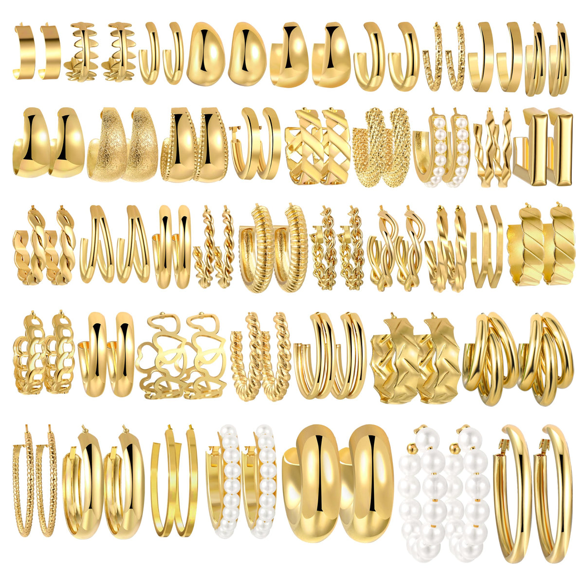42 Pairs Gold Hoop Earrings Set for Women, Multiple Styles